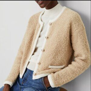 ANN TAYLOR BOUCLE TRIM SWEATER JACKET CAMEL COMBO $149 NEW S GOLD BUTTON